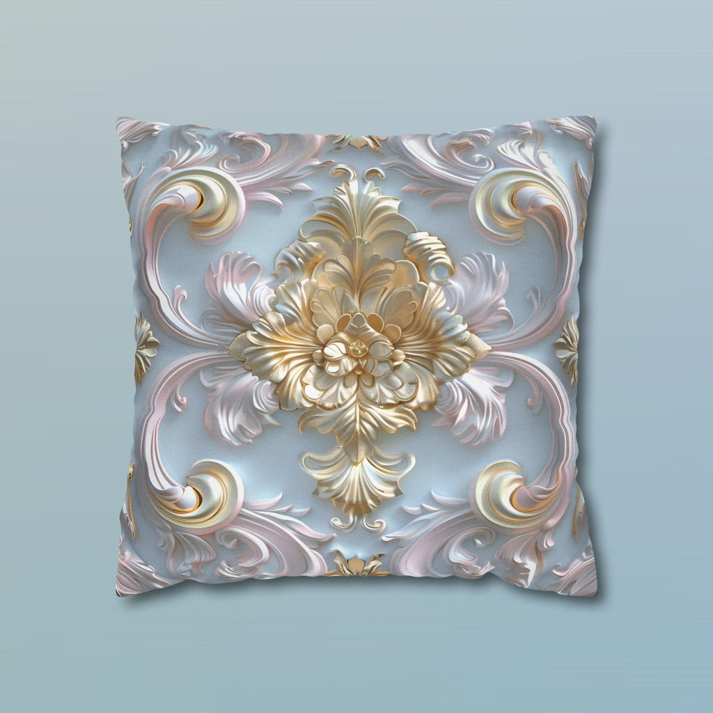 Rococo Coquette Pillow Cover: Pale Gold Floral on Pastel Blue
