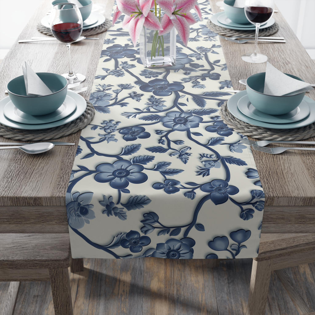 Elegant Chinoiserie Blue & White Table Runner: Traditional Pottery-Inspired Dining Decor