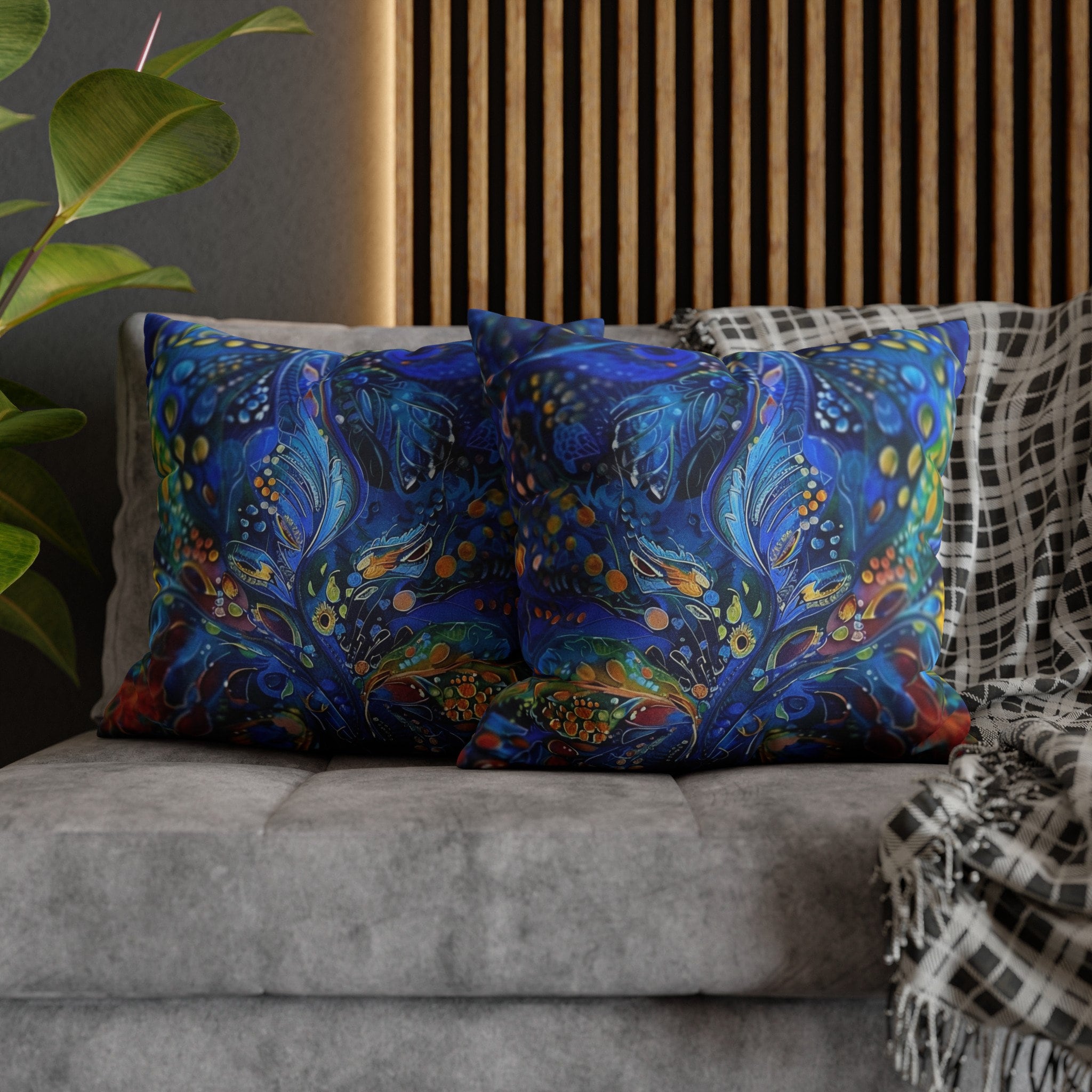 Peacock Feather Pillow Cover: Abstract Blues & Greens Artistic Design