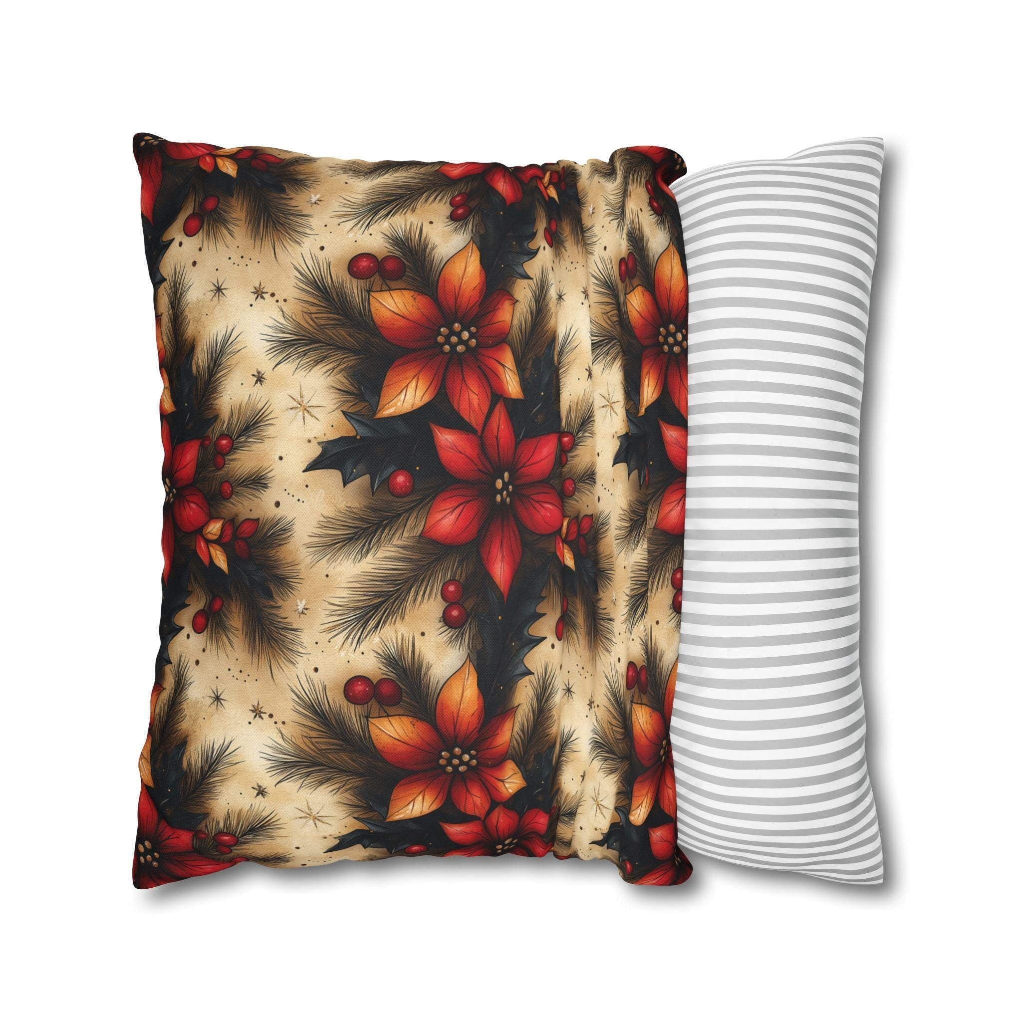 Christmas Poinsettia Pillowcase, Traditional Red and Green  Holiday Festive Home Decor Pillow Cover