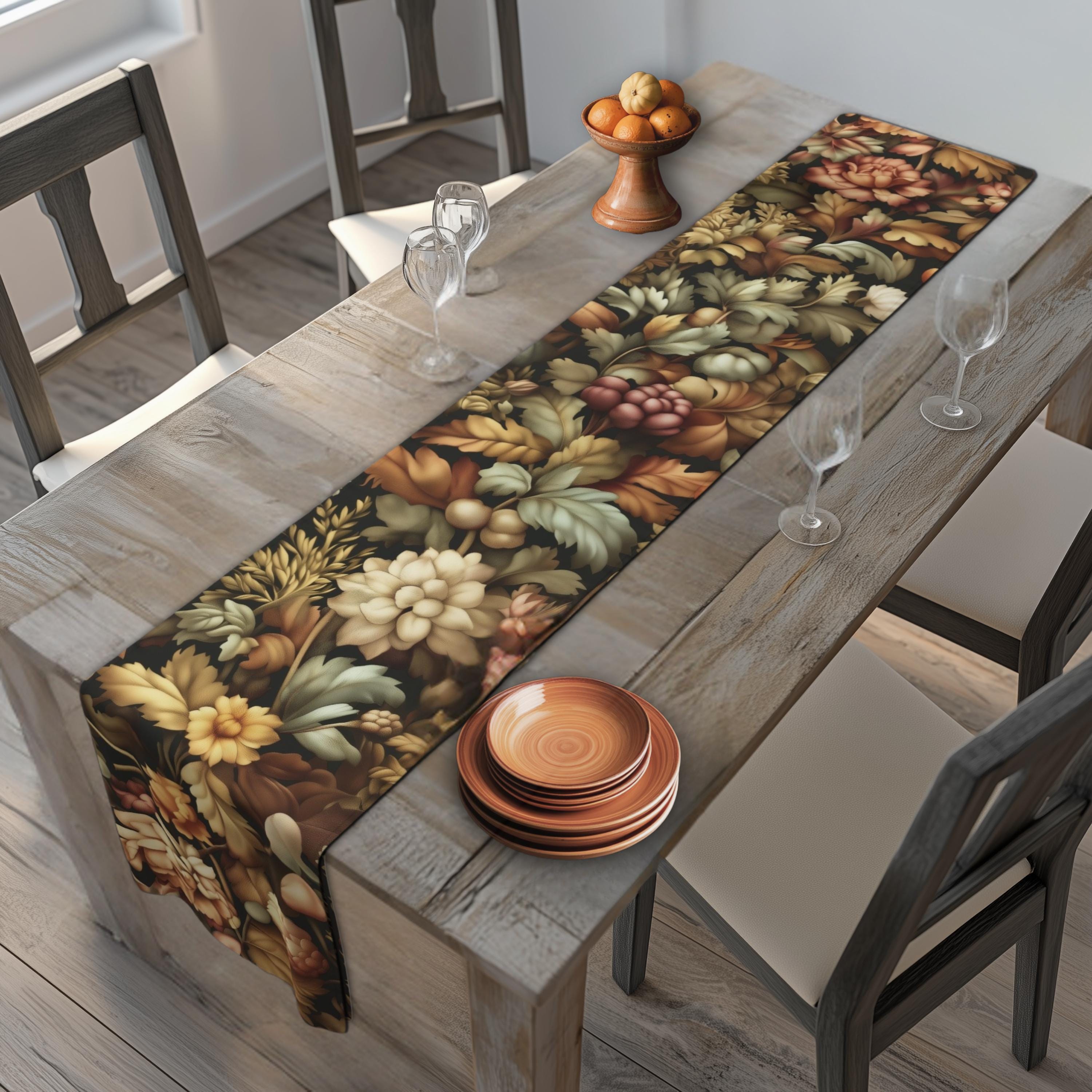 William Morris Inspired Autumn Floral Table Runner: Elegant Thanksgiving Dining Decor