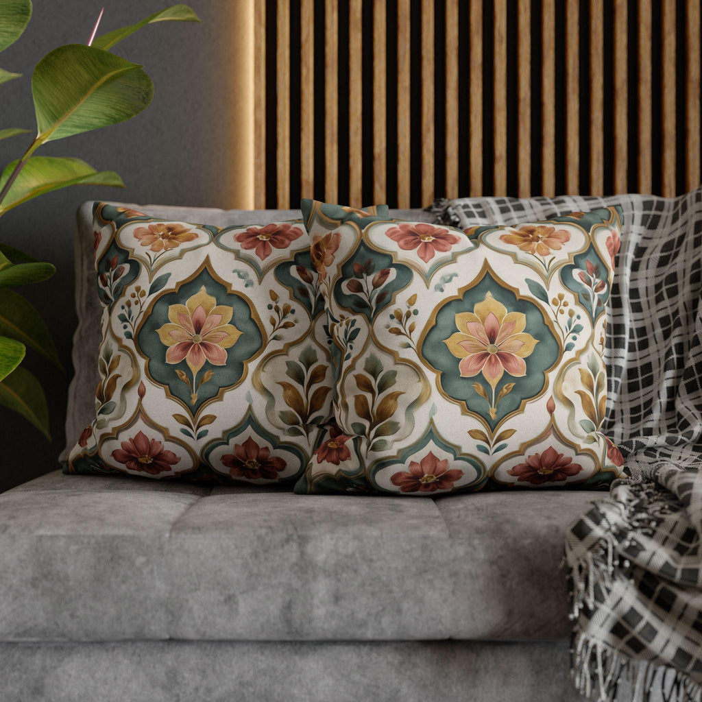 Moroccan Floral Pillow Cover: Teal, Terracotta, Gold Medallion Design