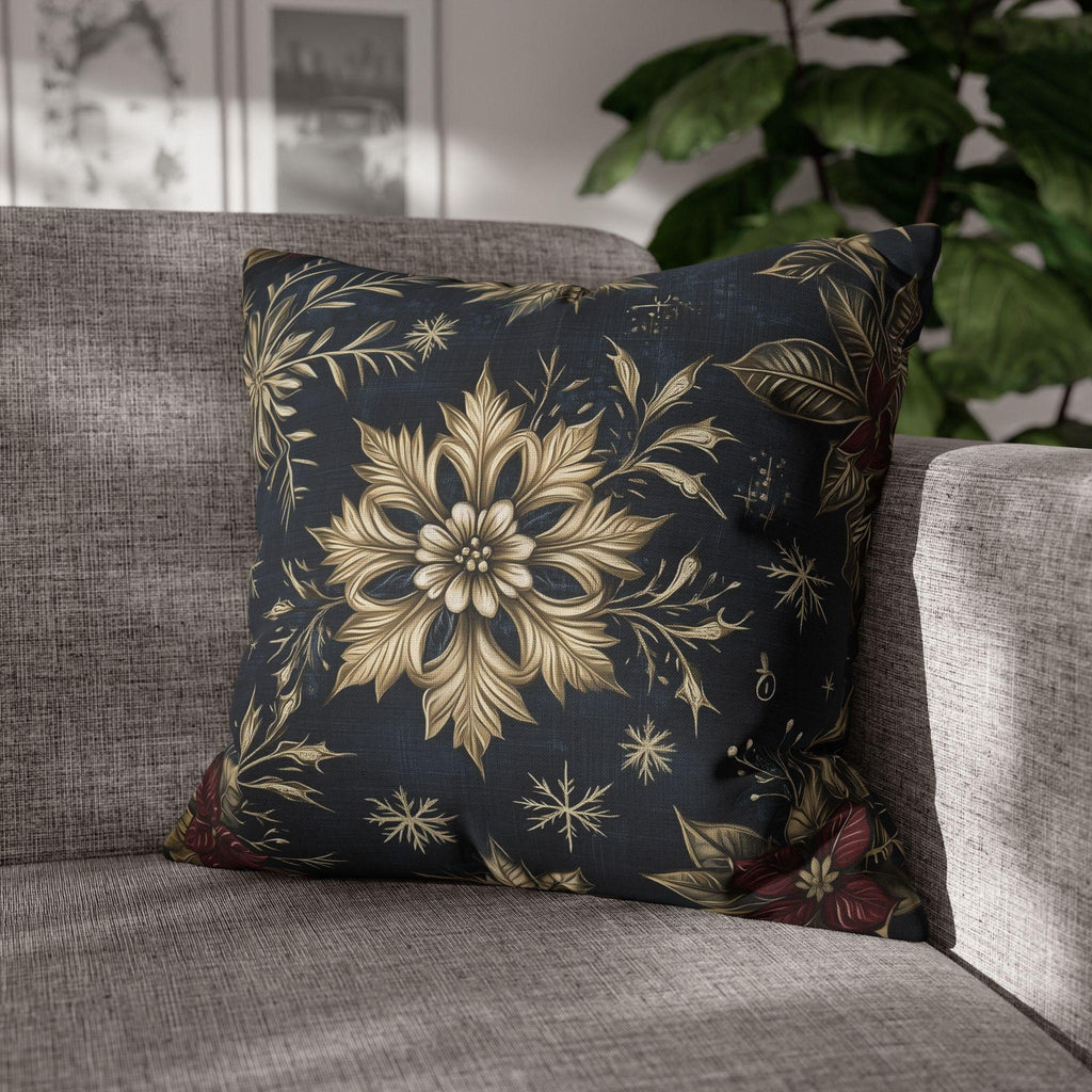 Sophisticated Holiday Pillow Cover | Golden Poinsettia and Snowflake Design | Denim Blue Background