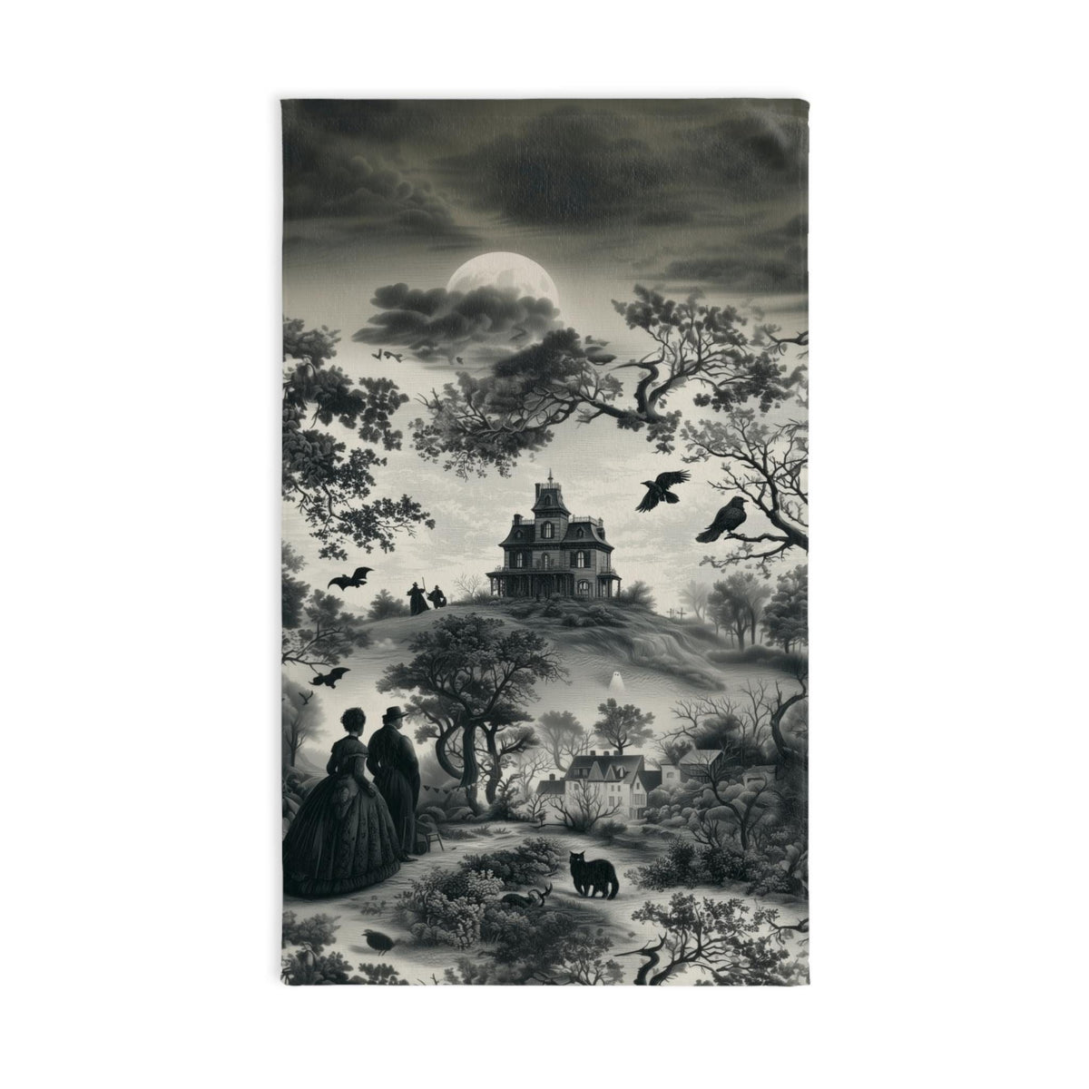 Halloween Toile Hand Towel: Haunted House, Crows and Black Cat in Monochrome