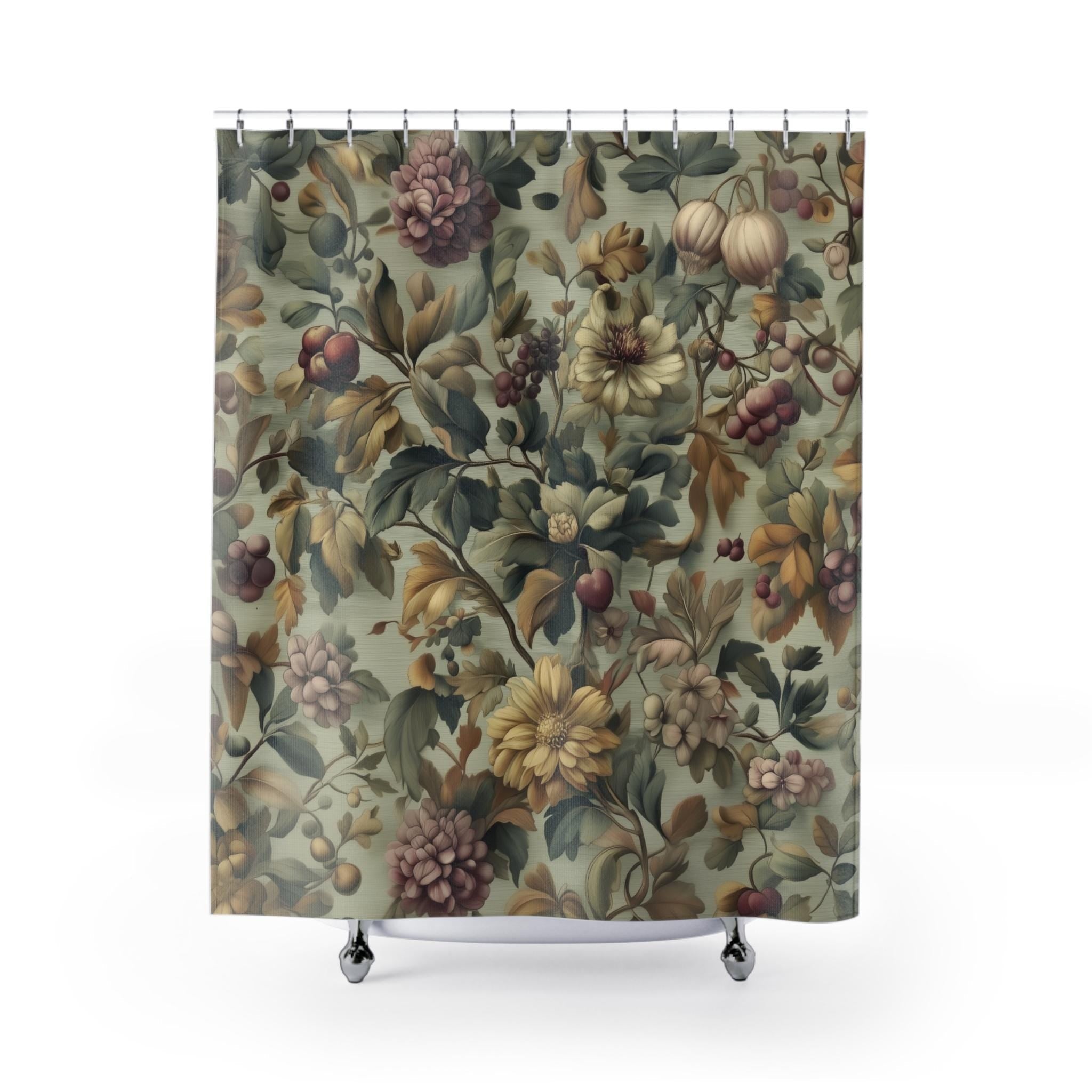 William Morris Inspired Fall Botanical Shower Curtain: Sage Mint, Wine, Wheat