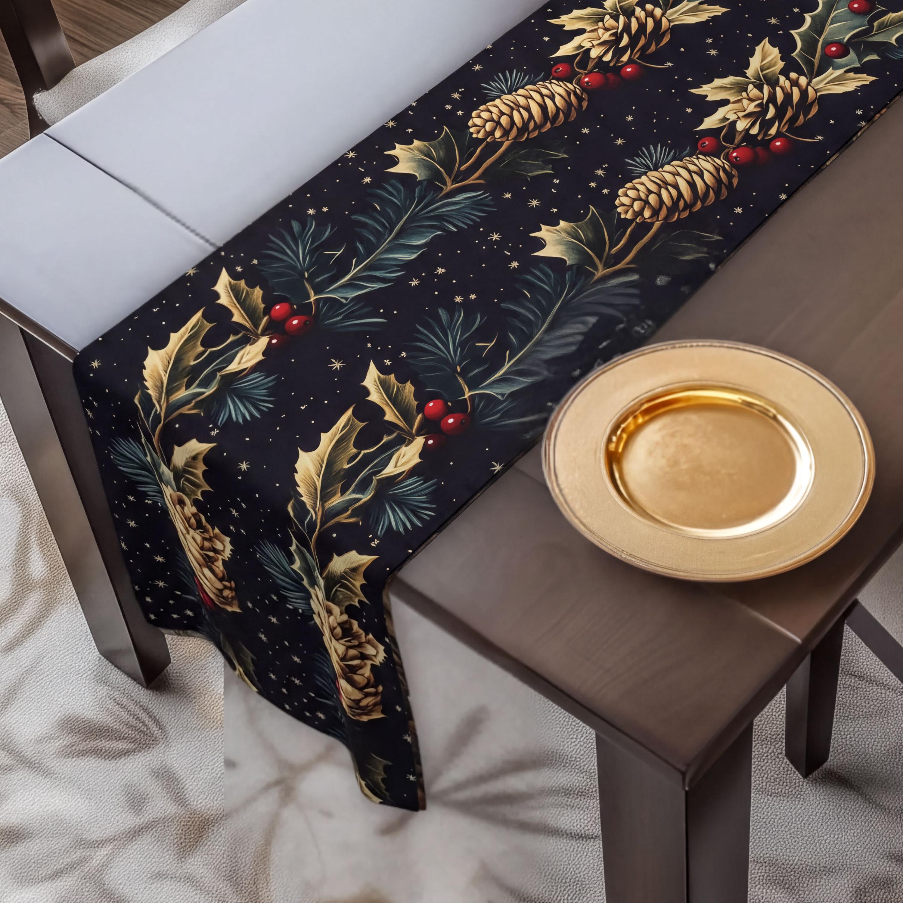 Pinecone & Holly Table Runner: William Morris Inspired Gold and Red Holiday Decor
