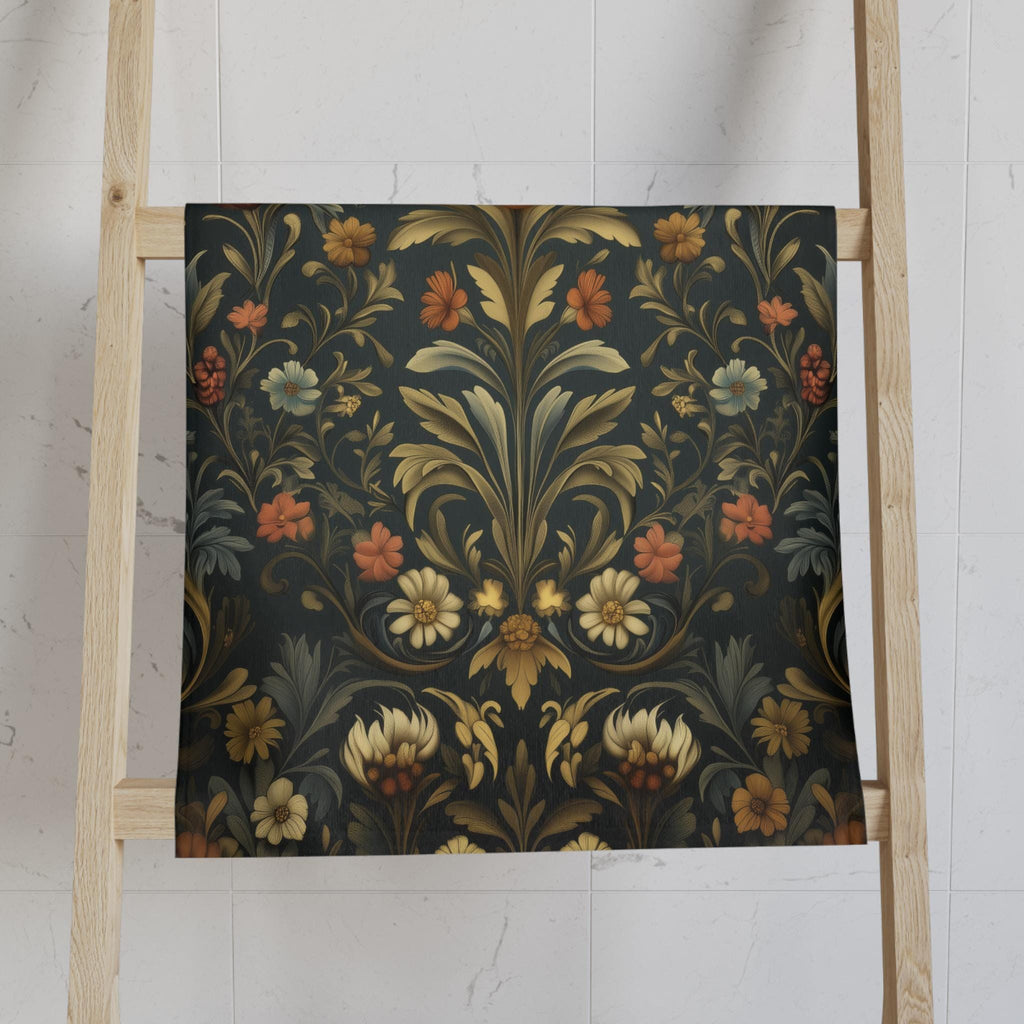 Vintage-Inspired William Morris Botanical Hand Towel: Autumn Floral Tapestry on Dark Background