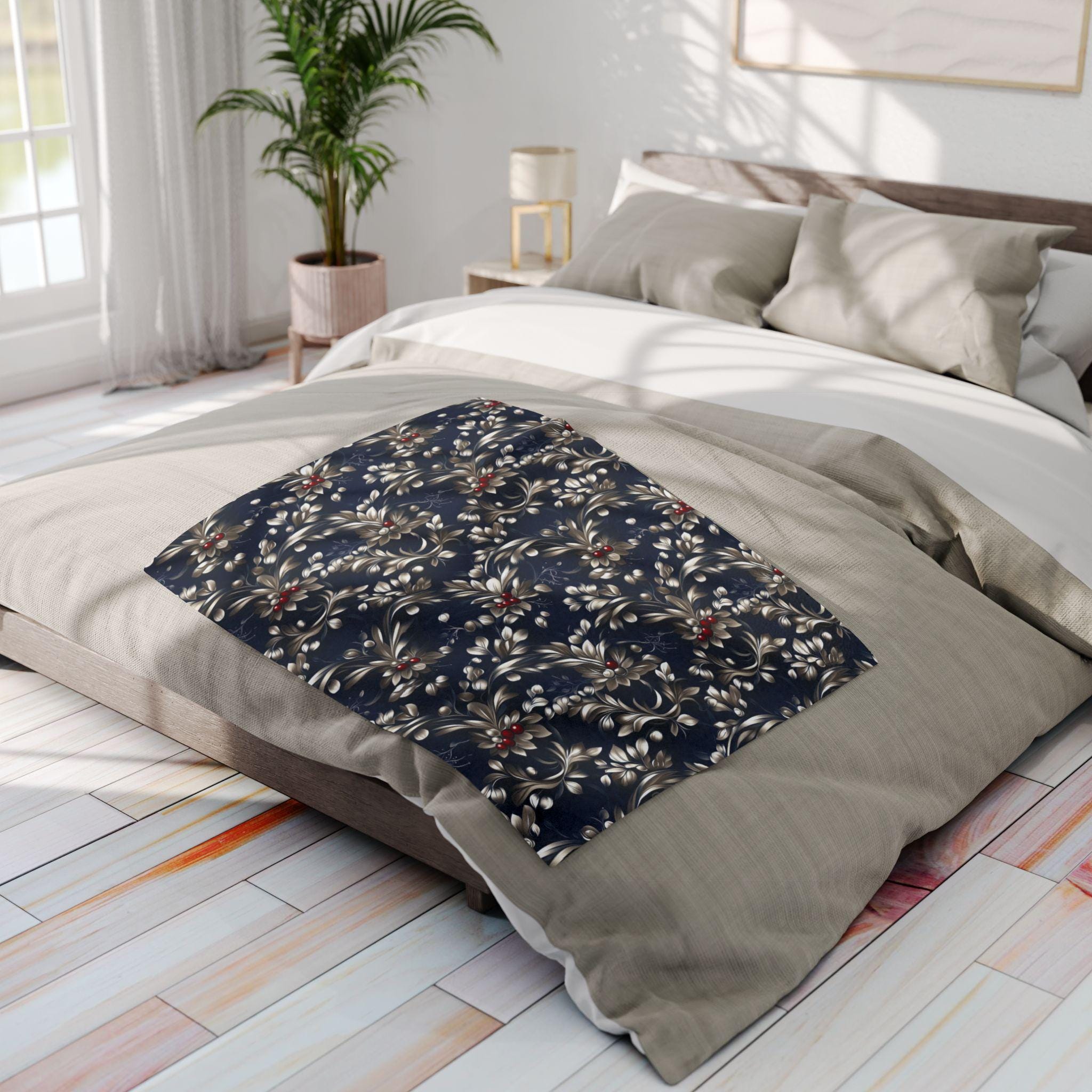 Blue & Silver Holly Fleece Blanket: Festive Christmas Decor
