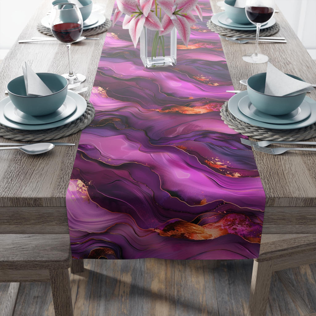 Abstract Plum Table Runner: Waves of Amethyst with Copper Fire Colored Accents