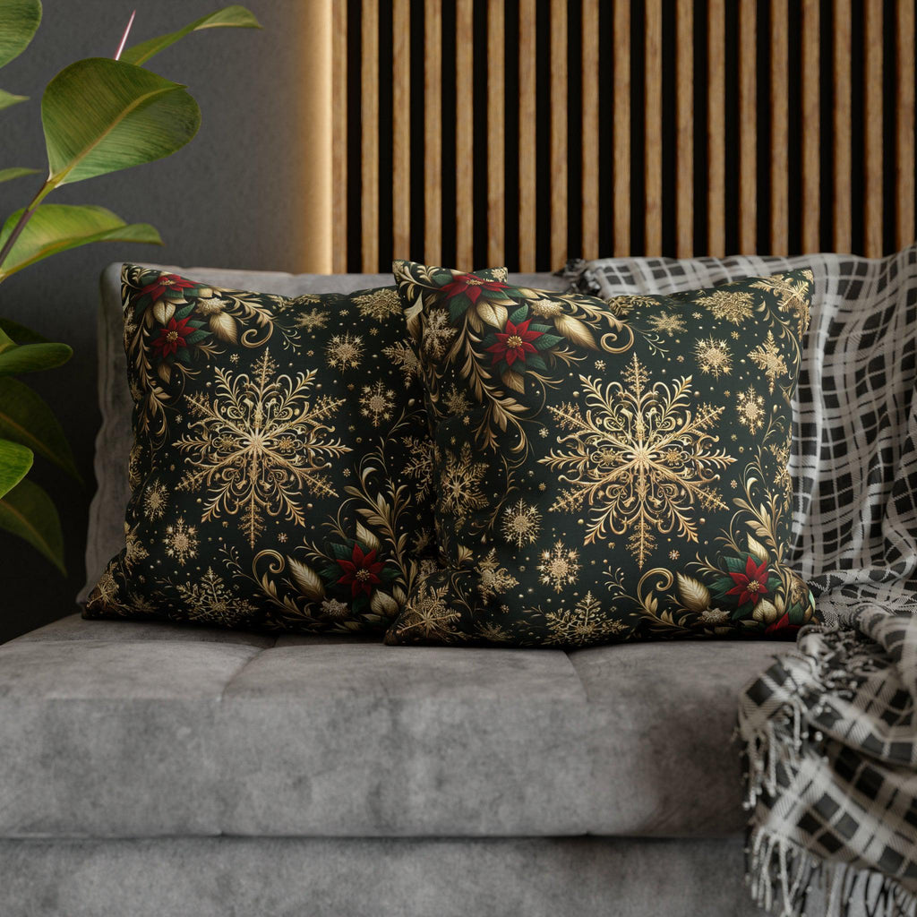 Poinsettia Christmas Holiday Throw Pillow Cover: Golden Snowflakes and Emerald Elegance Decorative Case