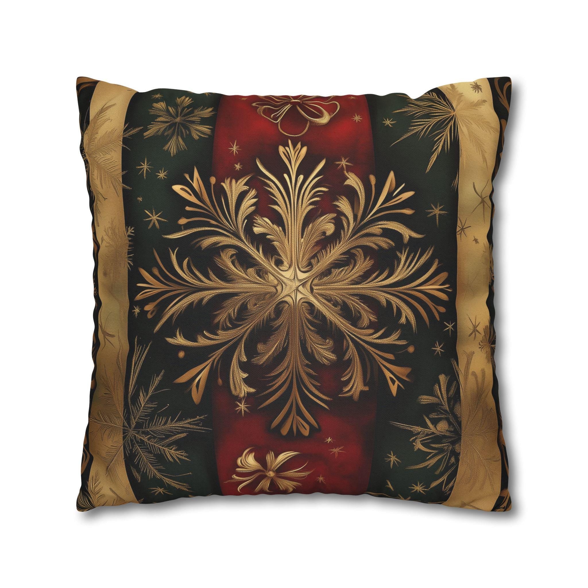 Elegant Holiday Snowflake Pillow Cover: Festive Red, Green & Gold Striped Christmas Decor for Home