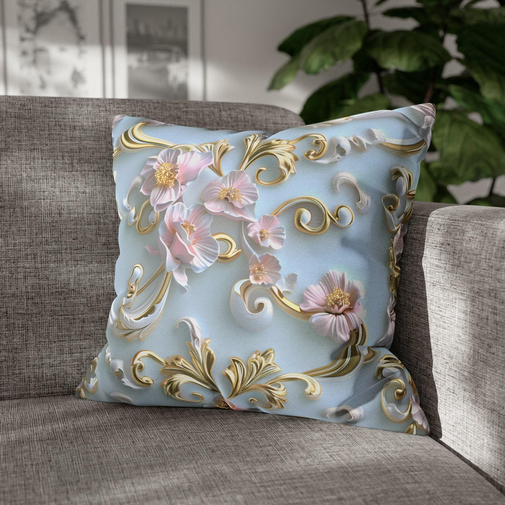 Rococo Coquette Pillow Cover: Pink Flowers, Gold Accents