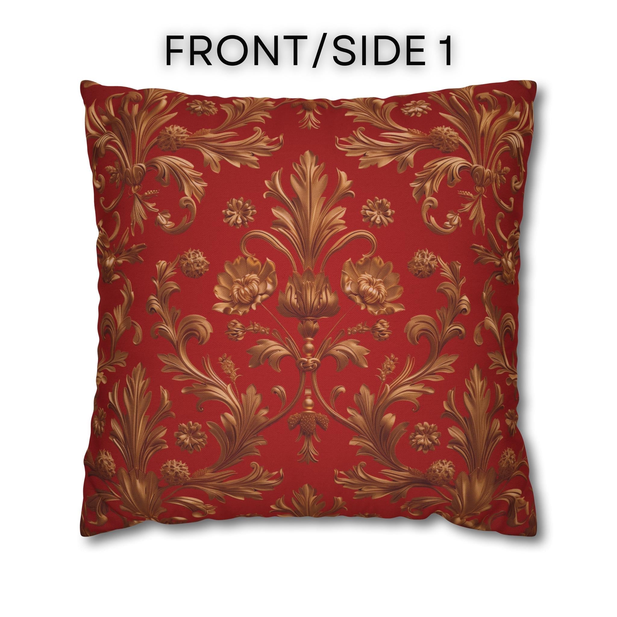 Baroque Floral Christmas Pillowcase: Rich Red, Antique Gold Spun Polyester Square Throw Pillow Cover