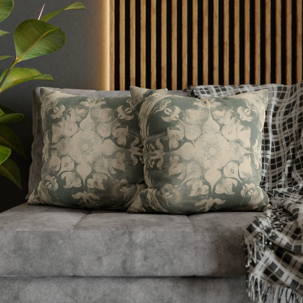 Vintage-Inspired French Farmhouse Pillow Cover: Faded Symmetrical Design in Sage & Off-White