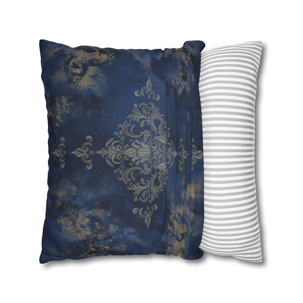 Navy Blue Damask Pillow Cover: Baroque Gold Accent Cushion