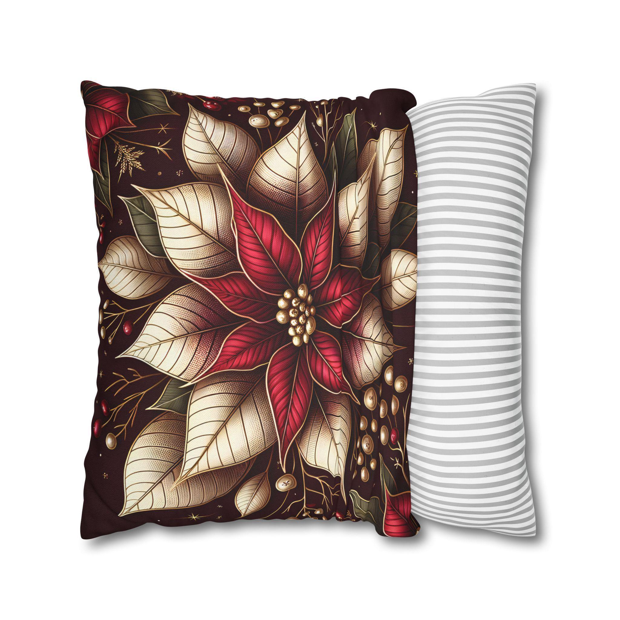 Luxurious Burgundy Poinsettia & Mistletoe Christmas Pillow Cover: Elegant Holiday Decor for Sofa