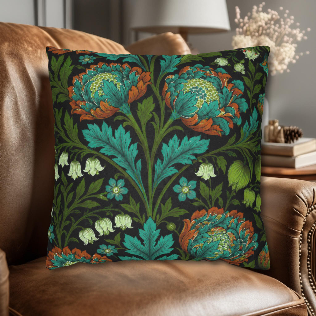 William Morris Style Throw Pillow Cover: Moody Teal Blue, Burnt Orange, & Deep Olive