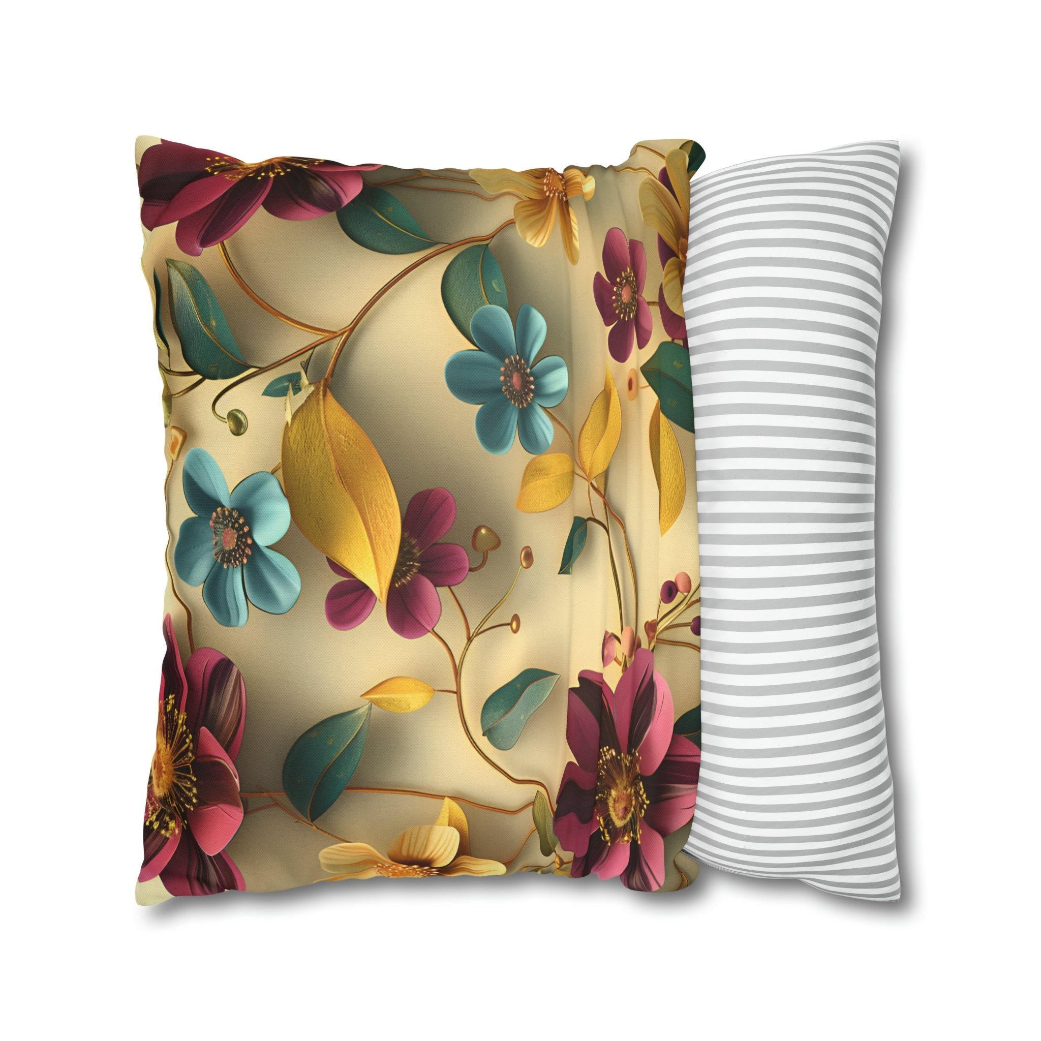 Botanical Floral Square Throw Pillow Cover: Teal, Marigold, Plum on Warm Beige Cushion Case