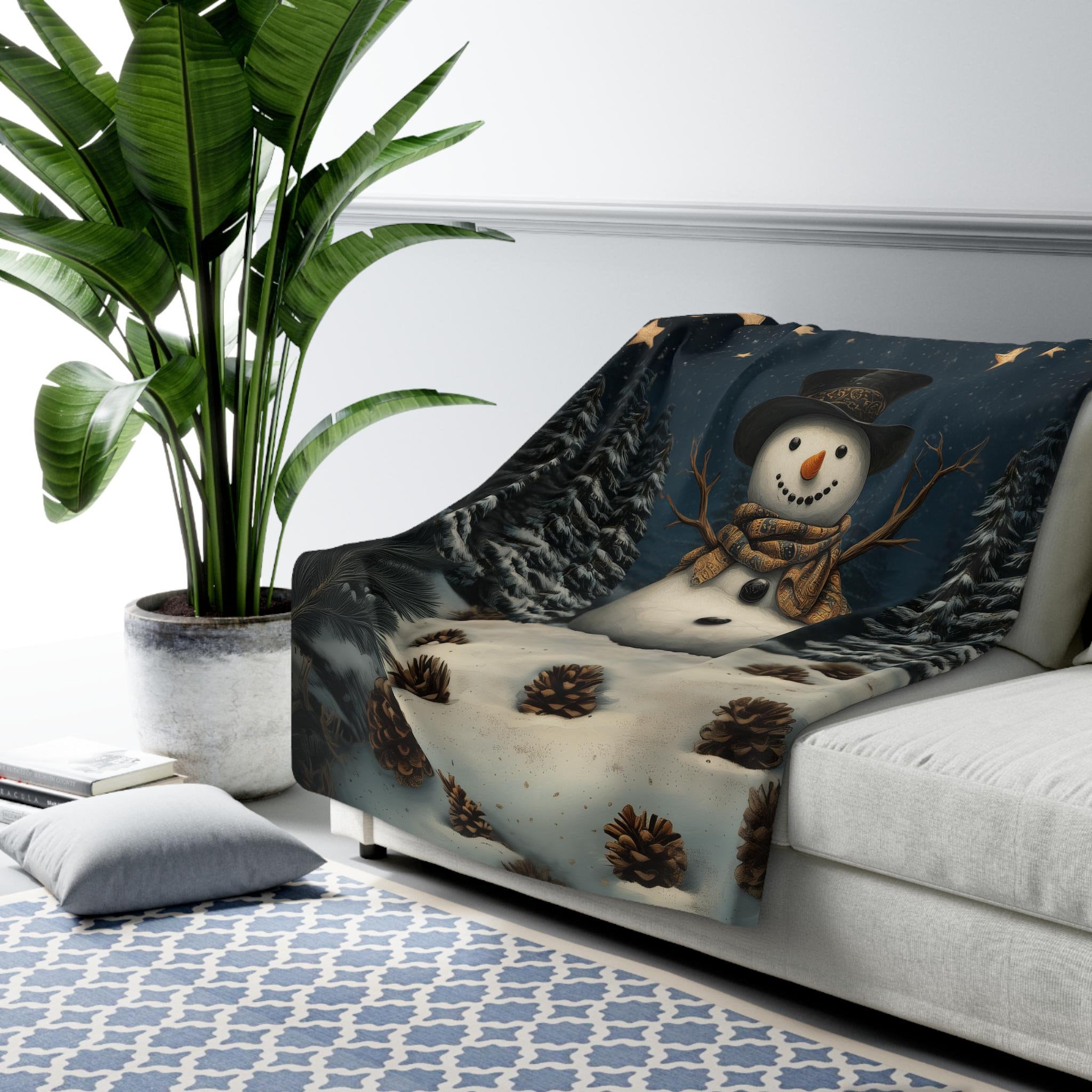 Whimsical Winter Wonderland Fleece Throw: William Morris Inspired Snowman Blanket for Cozy Christmas Decor
