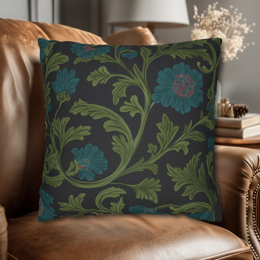 William Morris Pillow Cover: Lodden  Inspired  Charcoal with Olive & Teal Botanicals
