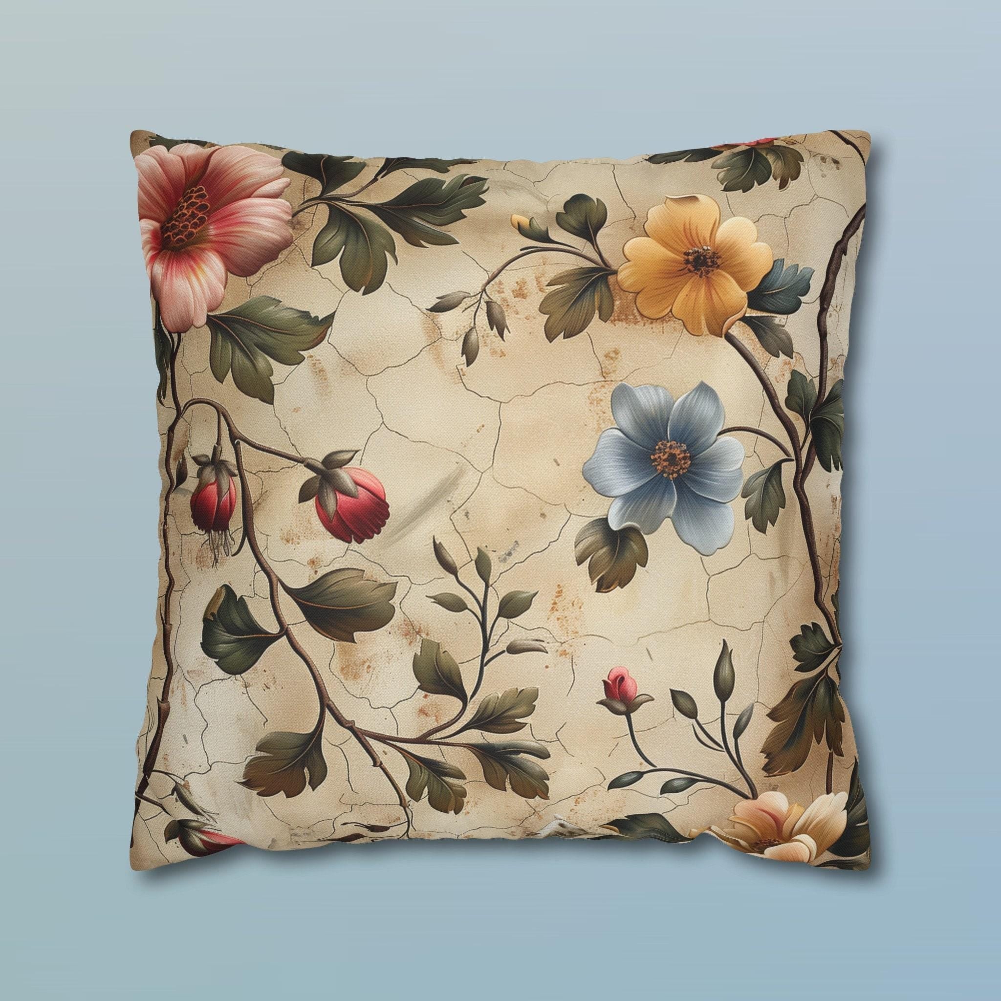 Rustic Italian Floral Pillow Cover: Vintage Watercolor-Inspired Cushion with Soft Blue, Orange & Red Blooms
