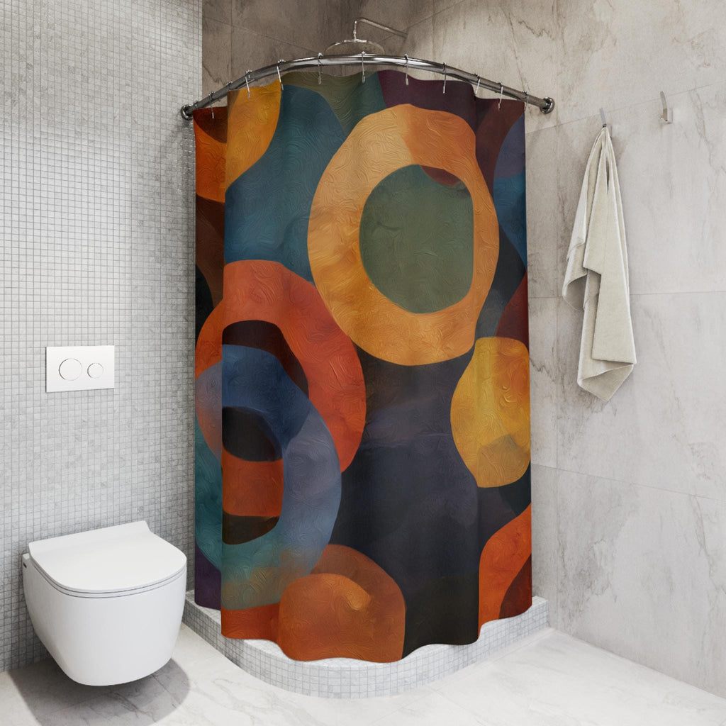 Retro Bold Circle Pattern Fabric Shower Curtain: Burnt Orange, Gold, Teal on Black Background