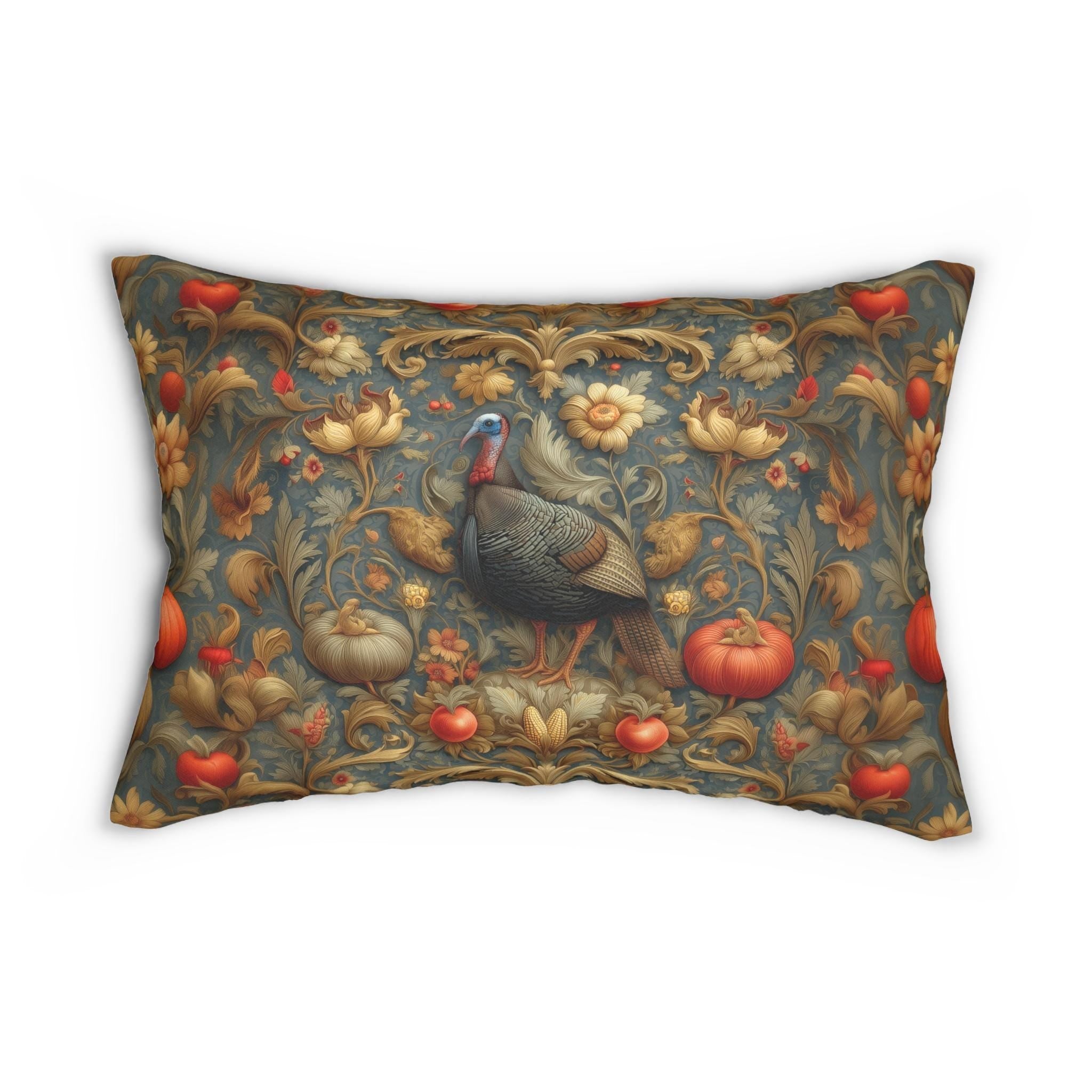 William Morris Wild Turkey Tapestry Lumbar Pillow: Autumn Harvest Thanksgiving Decor