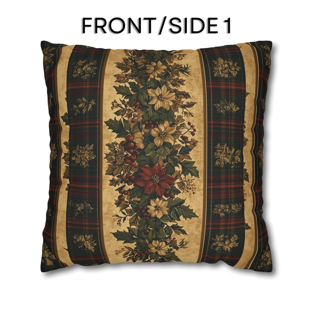 Plaid Botanical Stripes Christmas Throw Pillow Cover: Vintage Style with Poinsettias and Holly