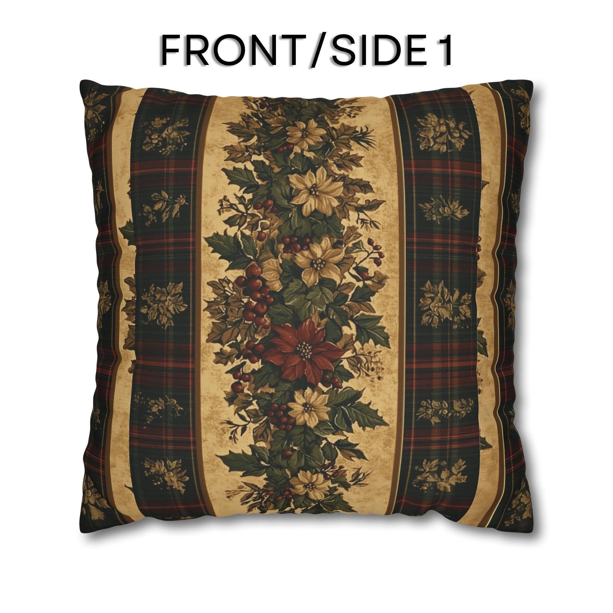 Plaid Botanical Stripes Christmas Throw Pillow Cover: Vintage Style with Poinsettias and Holly