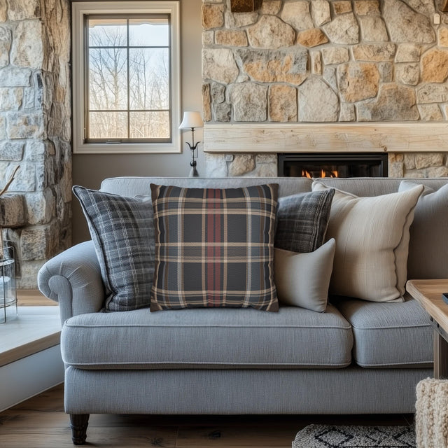 Vegan Faux Suede Material Printed Pillow Cover: Modern Plaid Soft Leather-Look