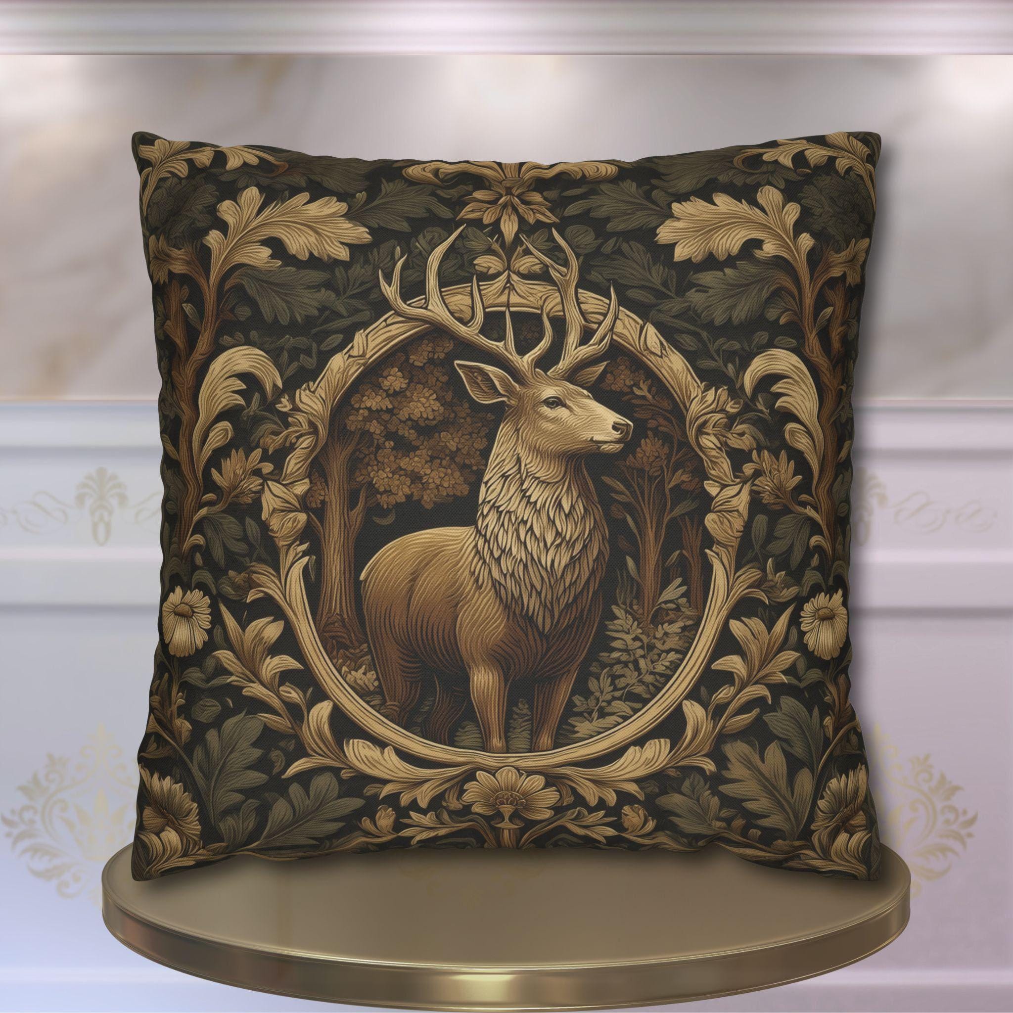William Morris Inspired Noble Stag Pillow Cover: Botanical Woodland Design