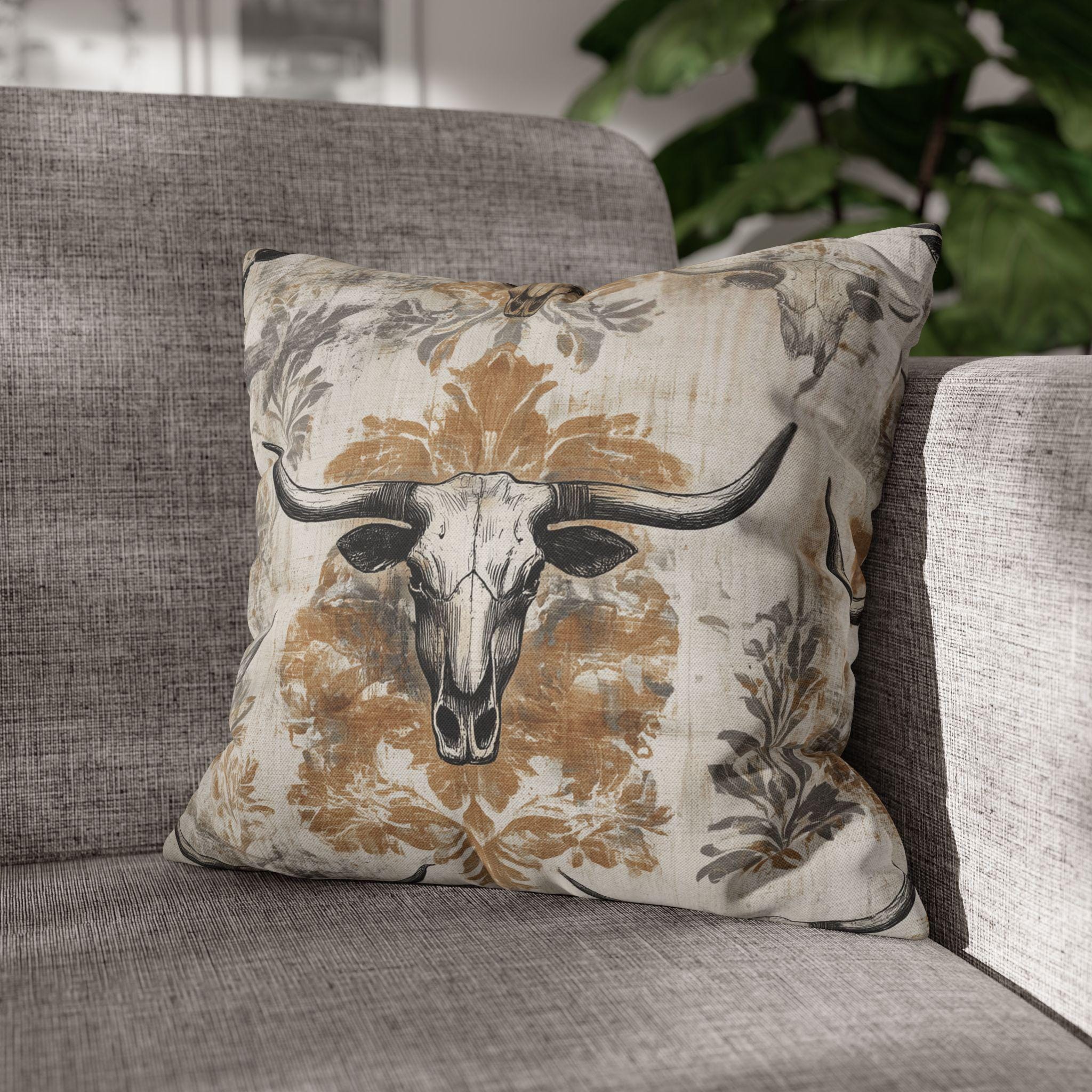 Rustic Longhorn Skull Pillow Cover: Western Ranch Decor for Southwest Cowboy Home Accent