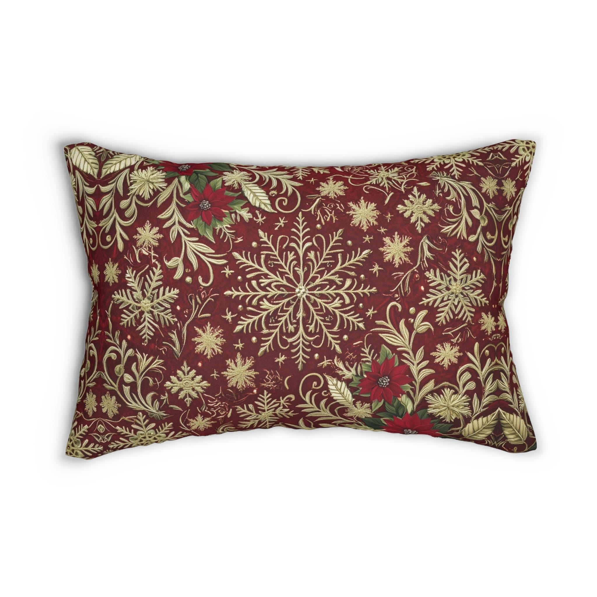 Christmas Snowflake Lumbar Pillow: Crimson Red Antique Gold with Deep Green Accents