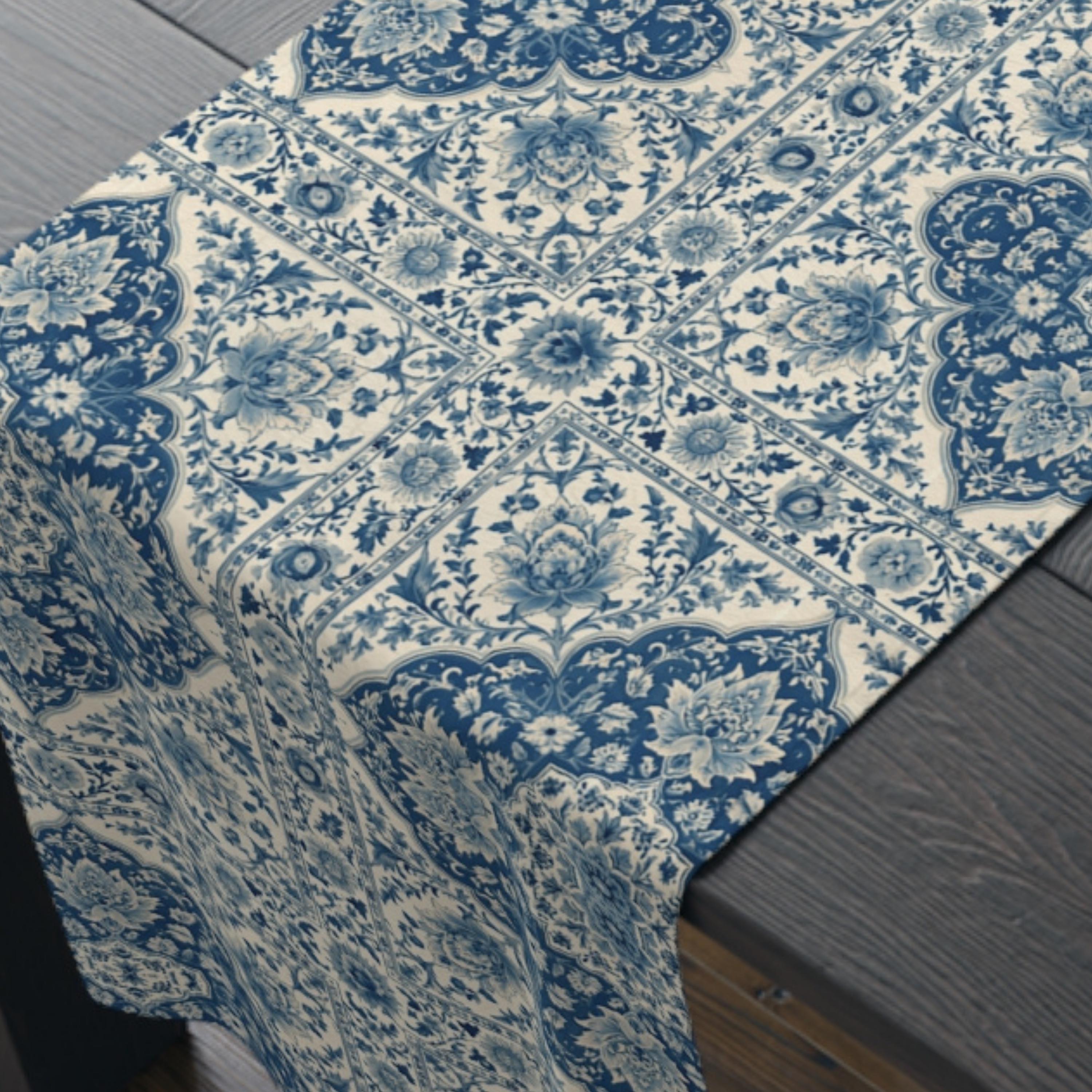 Toile Table Runner: Blue and Cream Botanical Dining Decor