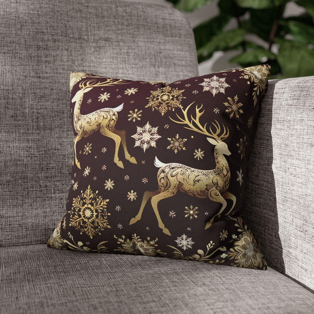 Golden Reindeer Snowflake Decorative Throw Pillow Cover: Festive Elegance Designer Square Pillowcase