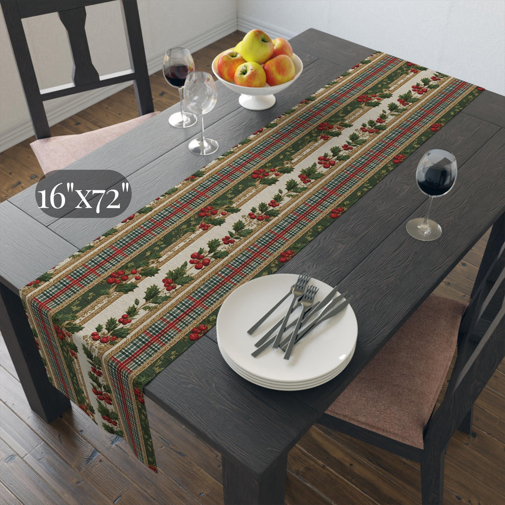 Vintage Inspired Christmas Table Runner: Plaid, Holly, Berry Red (16" x 72"),(16"x90")