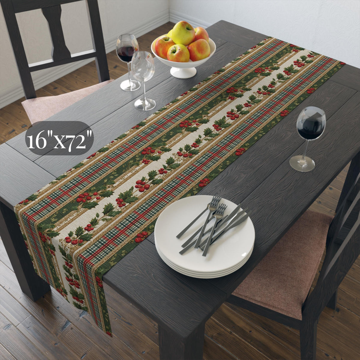 Vintage Inspired Christmas Table Runner: Plaid, Holly, Berry Red (16" x 72"),(16"x90")