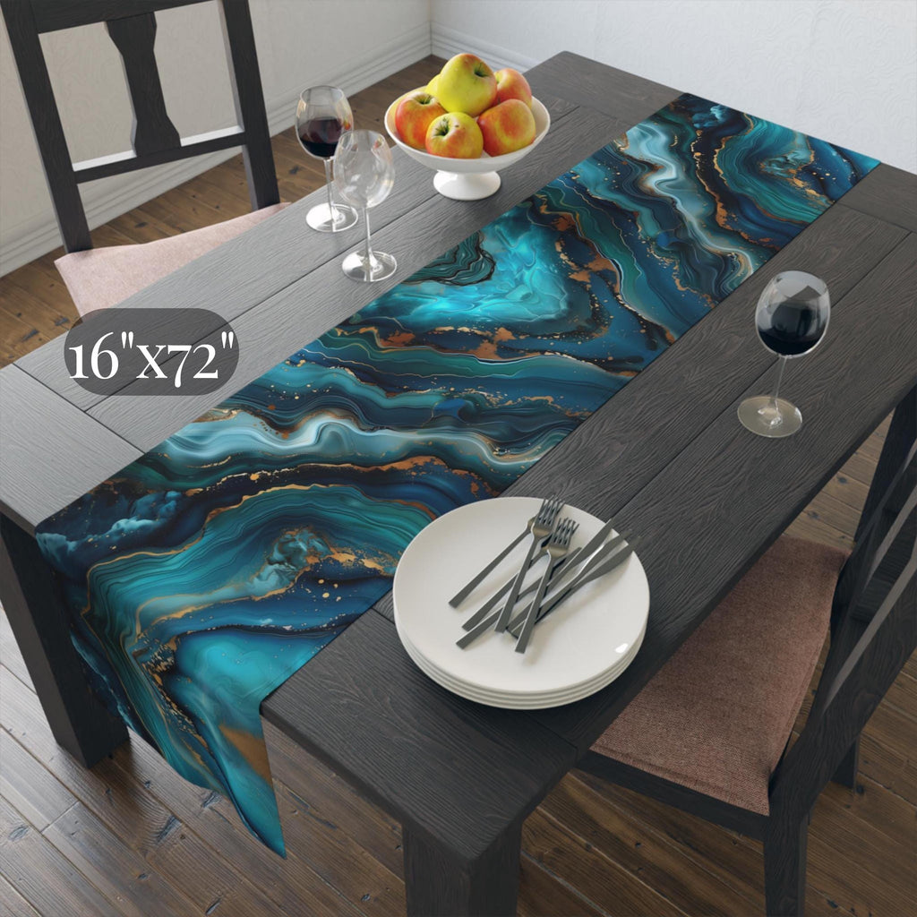 Elegant Ocean Wave Table Runner: Teal, Blue & Gold Accents for Sophisticated Dining Decor