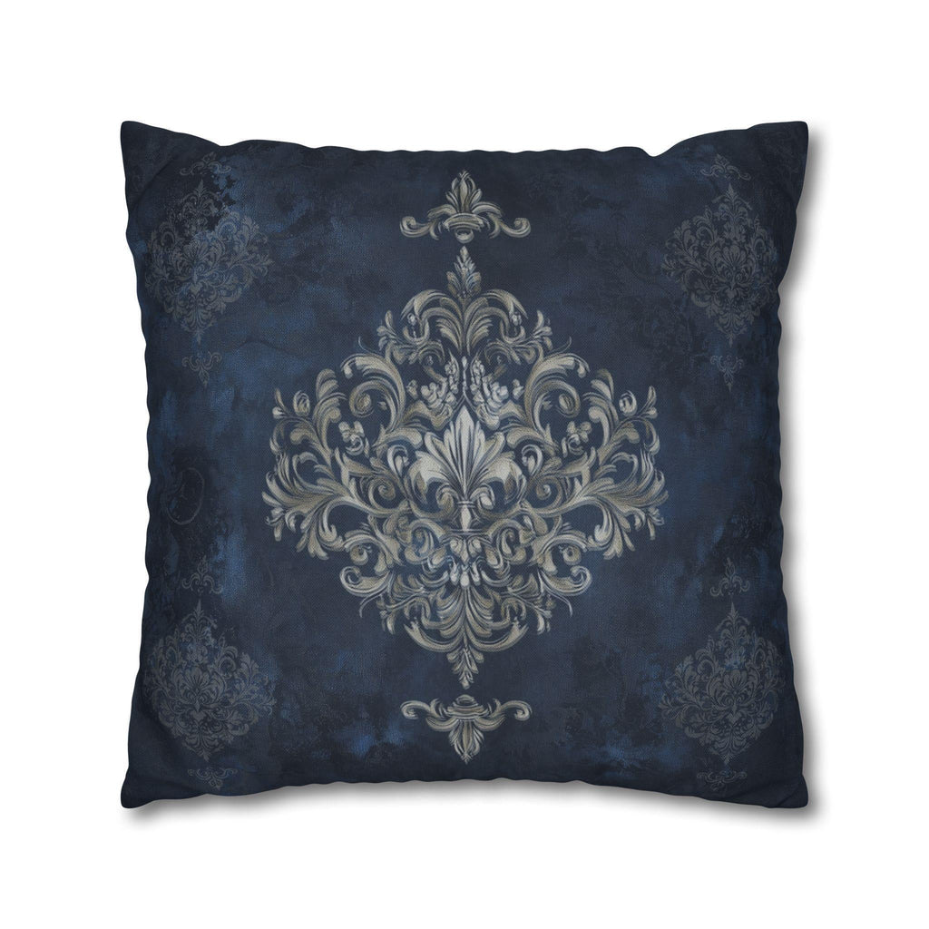 Elegant Navy Blue Damask Pillow Cover with Antique Gold Scroll Pattern - Baroque Accent Cushion