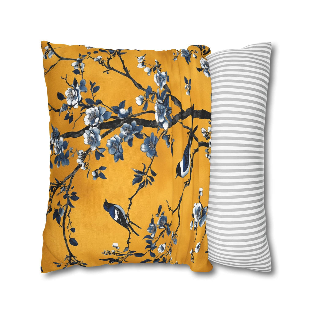 Elegant Chinoiserie Bird Pillow Cover: Golden Yellow & Blue Floral Cushion Case for Eclectic Decor