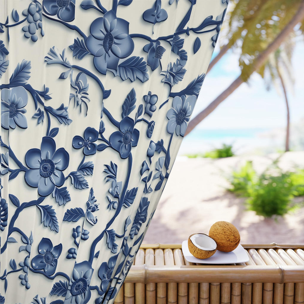 Elegant Chinoiserie Blue & White Blackout Curtain Panel - Traditional Pottery Pattern Window Drape