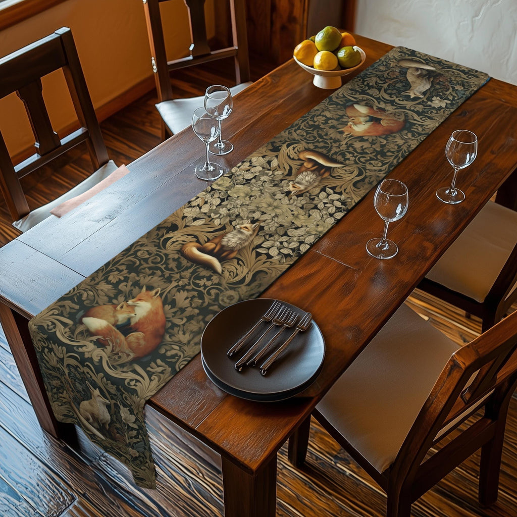William Morris Fox Table Runner: Dark Woodland Botanical Arts & Crafts Decor