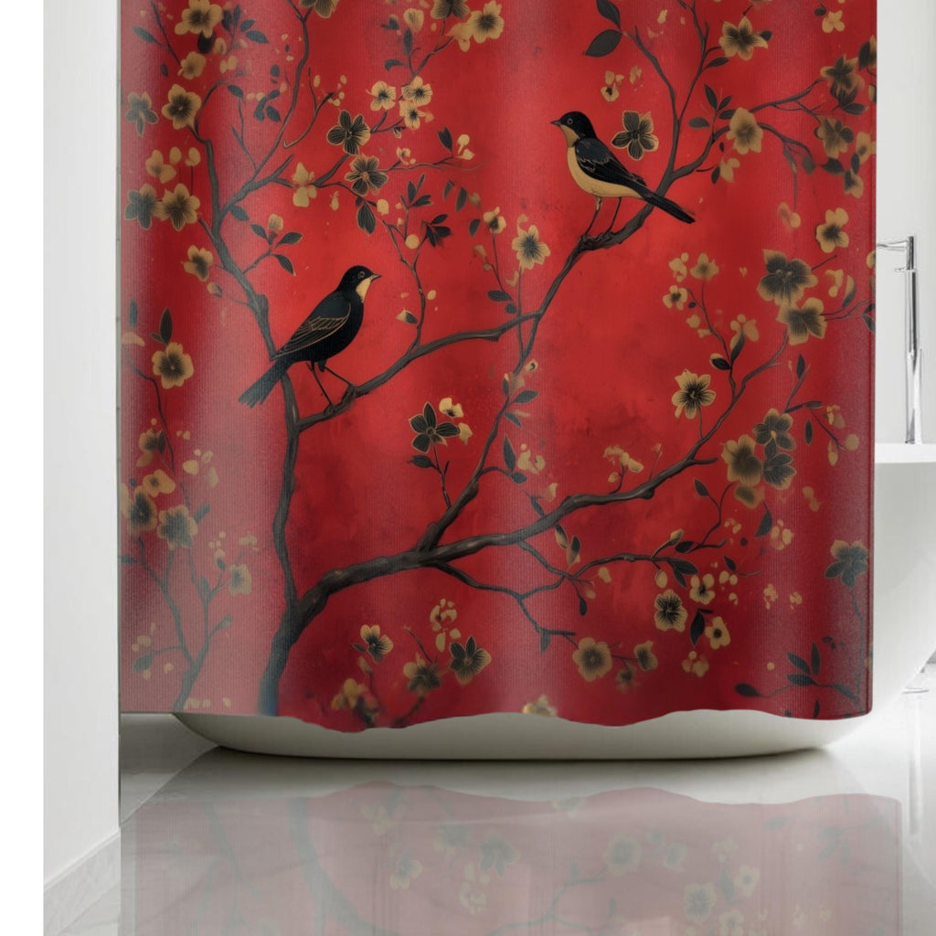 Elegant Chinoiserie Shower Curtain: Red Floral with Black Birds, Asian-Inspired Bathroom Decor