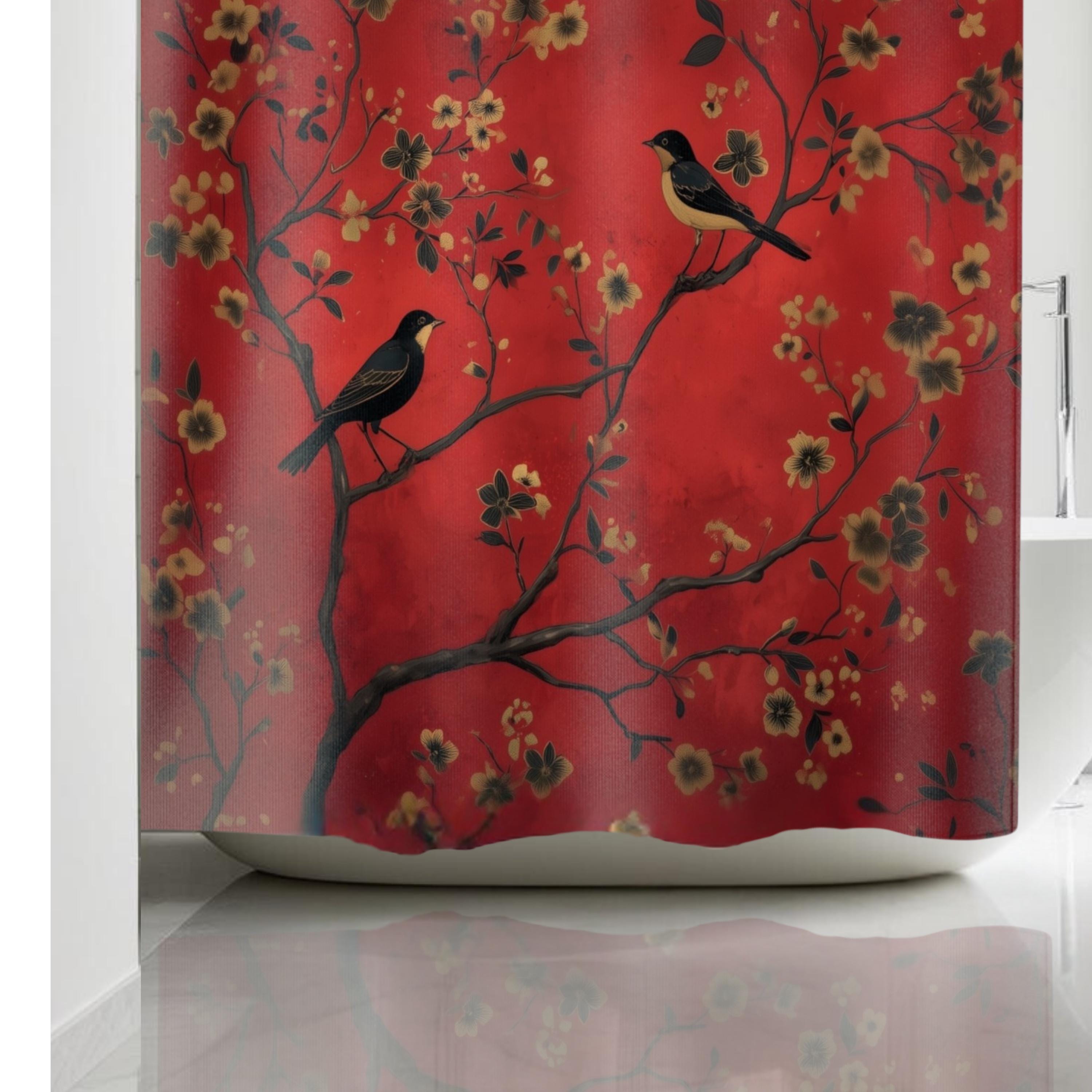 Elegant Chinoiserie Shower Curtain: Red Floral with Black Birds, Asian-Inspired Bathroom Decor