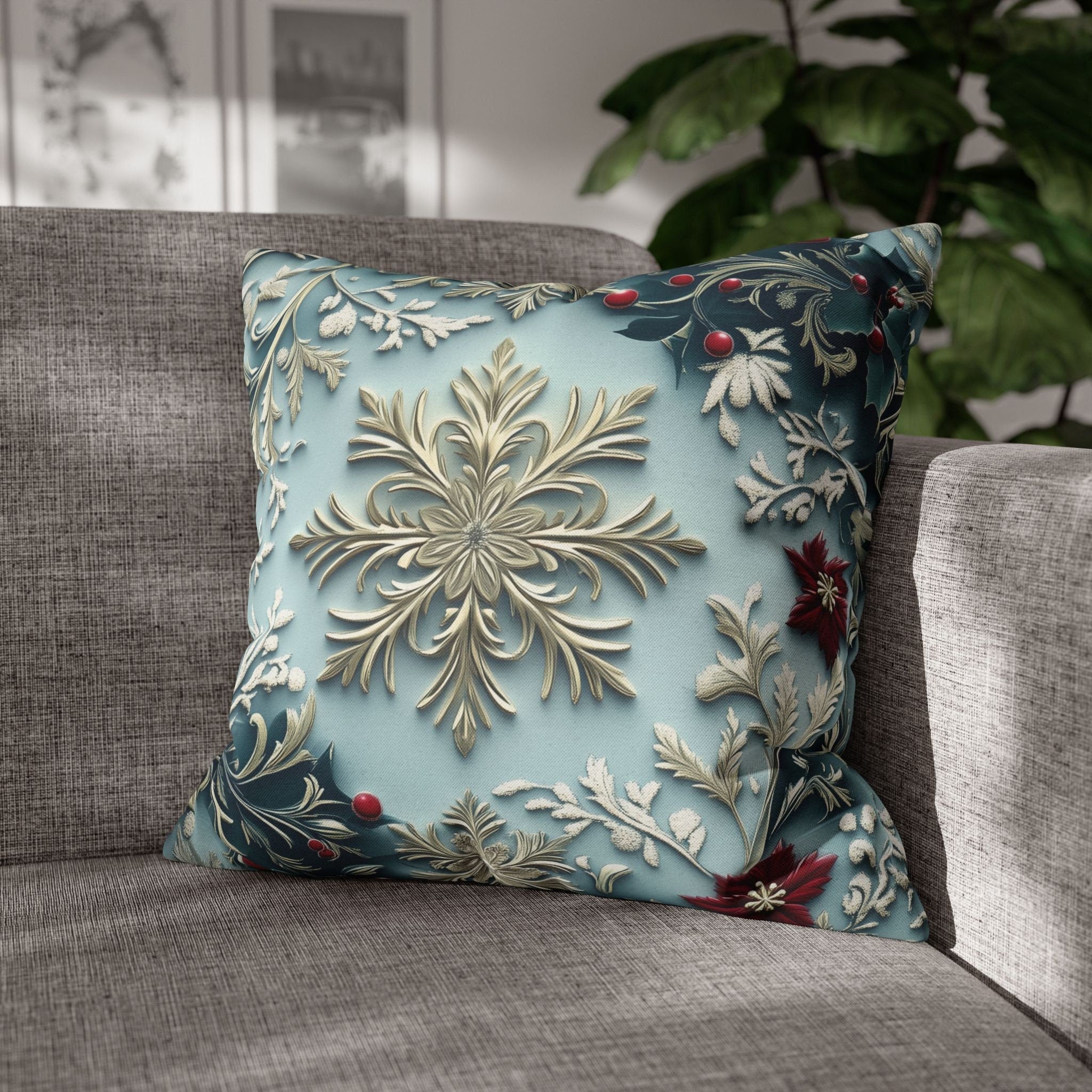 Blue Christmas Pillow Cover Elegant Chinoiserie Inspired Snowflake and Holly Design Light Blue Background