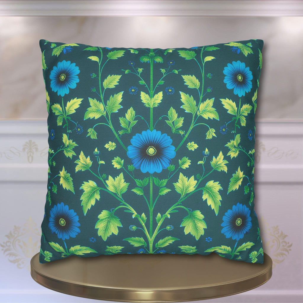 Reversible William Morris Pillow Cover: Teal & Aqua Floral Botanical Design