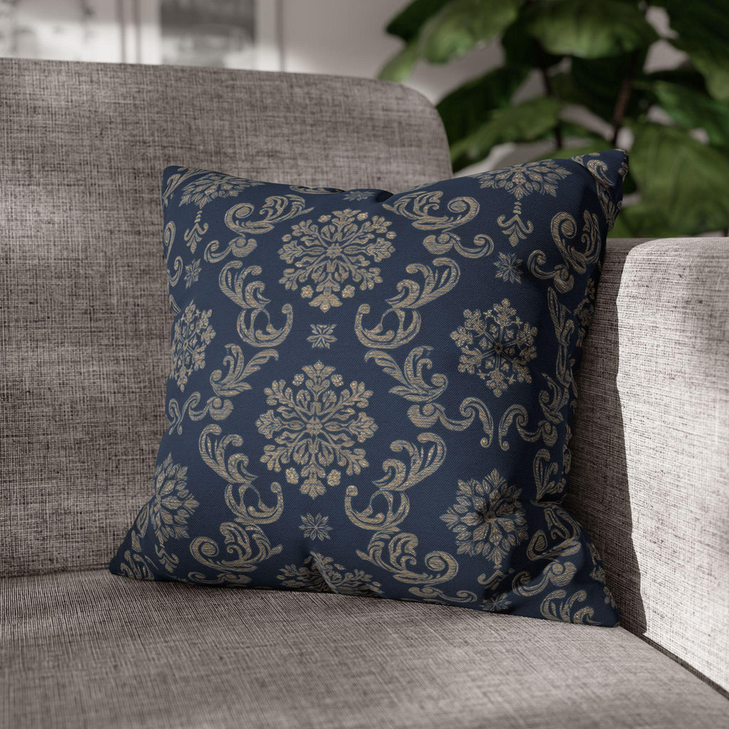 Elegant Silver Snowflake Pillow Cover: Deep Blue Holiday Decor