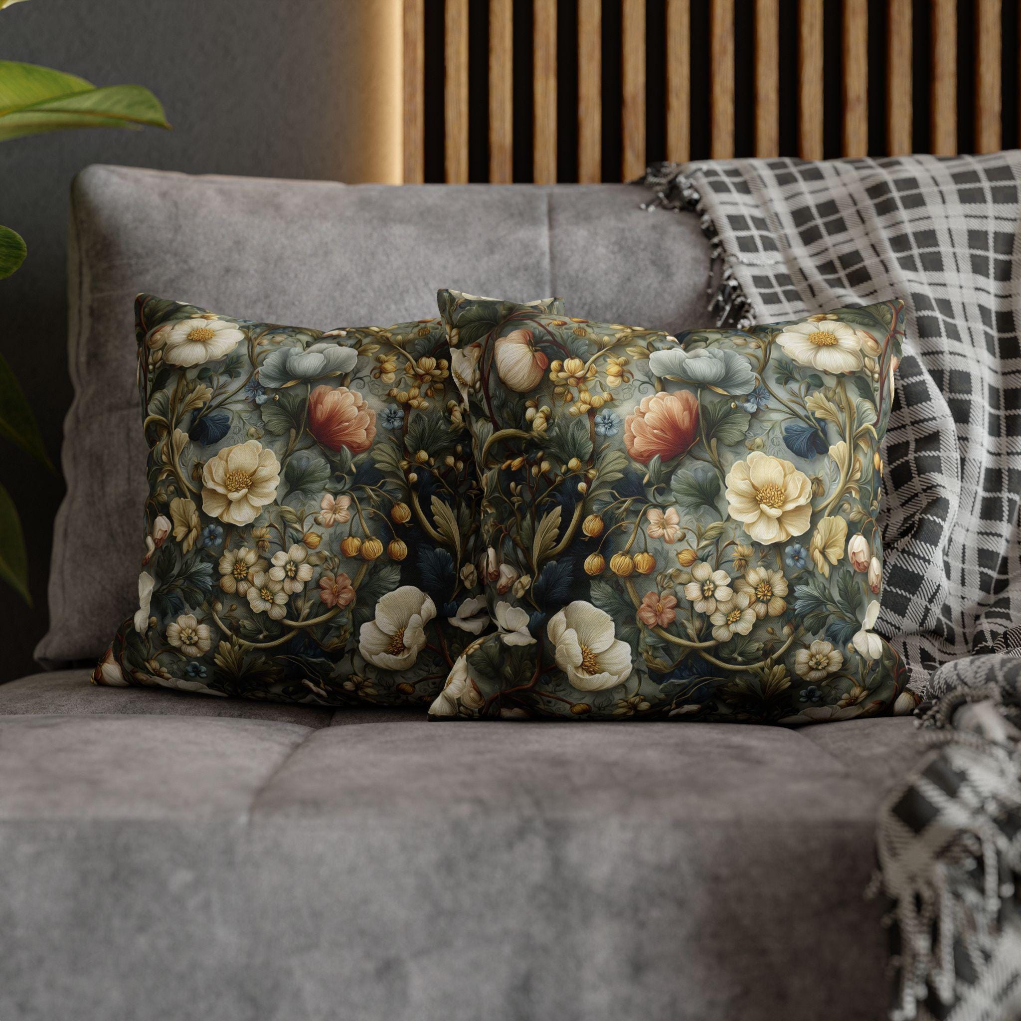 Vintage Style Meadow Garden Pillow Cover: Soft Sage Ivory & Lilac Botanical Floral