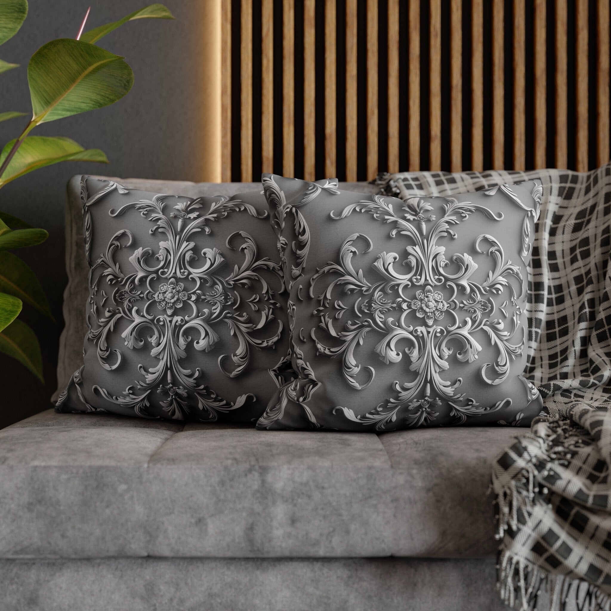Elegant Silver Grey Baroque Floral Pillow Cover - Monochromatic Symmetrical Design for Classic Decor