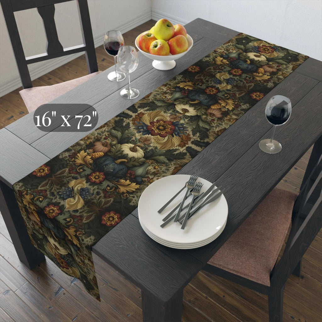 William Morris Inspired Autumn Harvest Tapestry Table Runner: Deep Teal with Ivory Blue & Gold